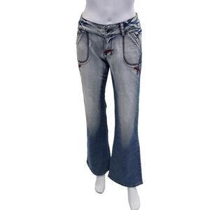 Gezhidon Womens Cotton Low Rise Stitching Detail Flared Jeans Blue Size XL